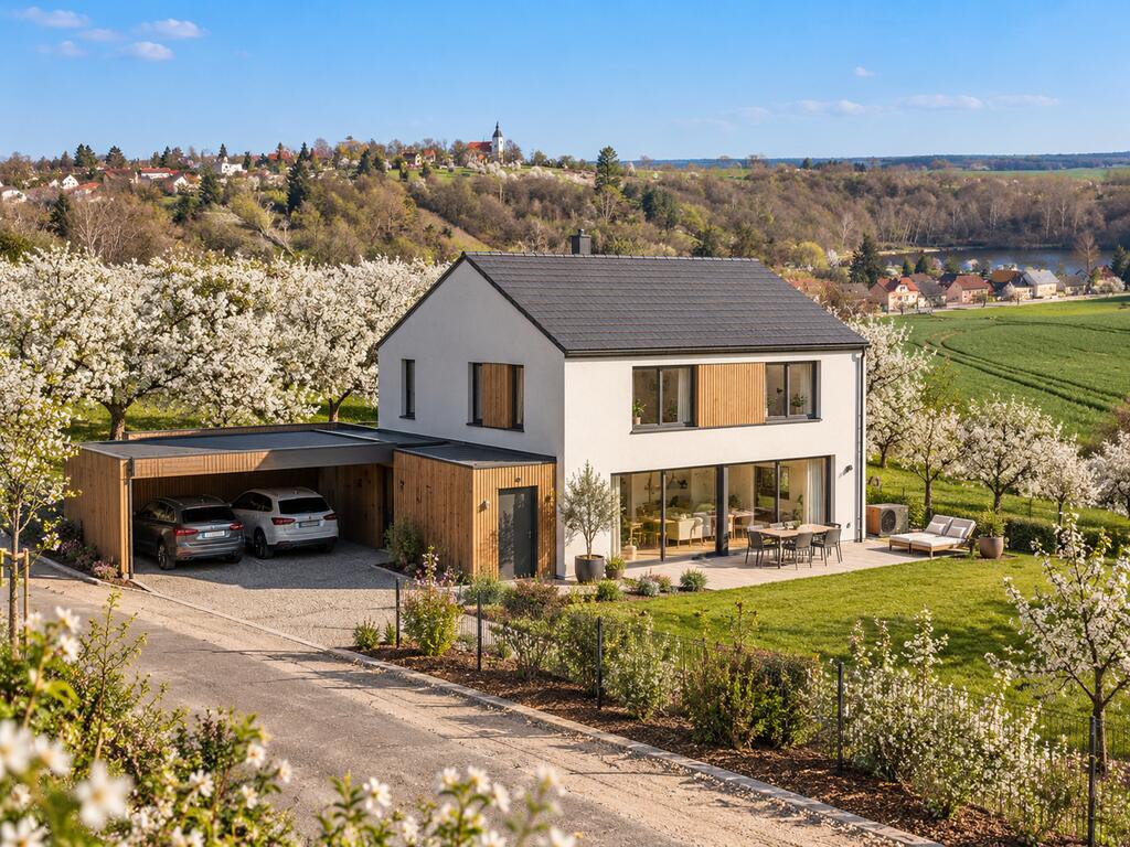 Illustration d'ambiance : maison contemporaine blanche à deux niveaux avec carport, jardin ouvert au sud et verger en fleurs, le village de Dřetovice en arrière-plan